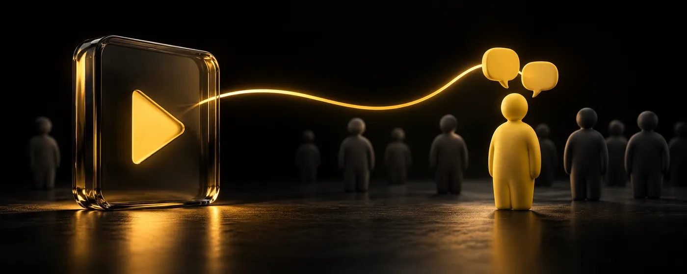 Botão de play ligado por um fio de luz a uma pessoa dourada no meio de uma multidão escura