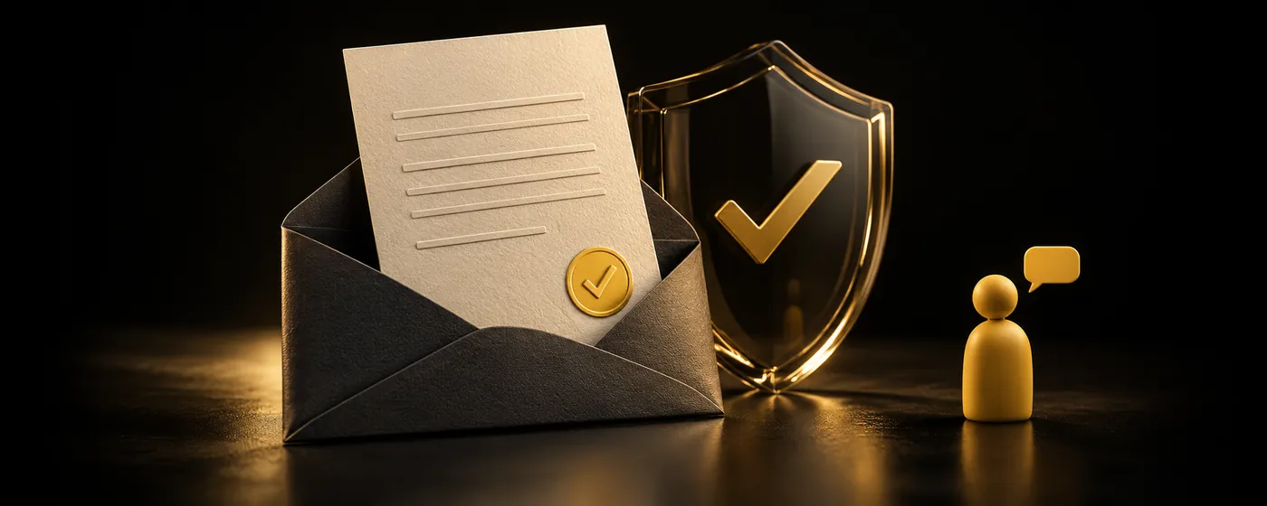 Carta com selo dourado saindo do envelope, ao lado de um escudo de vidro com um sinal de aprovado e uma pessoa dourada